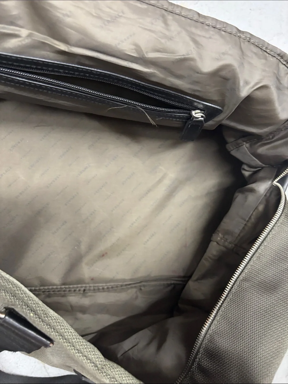 Versace Parfums Olive Green and Black Travel Duffle Bag - Broken Zipper